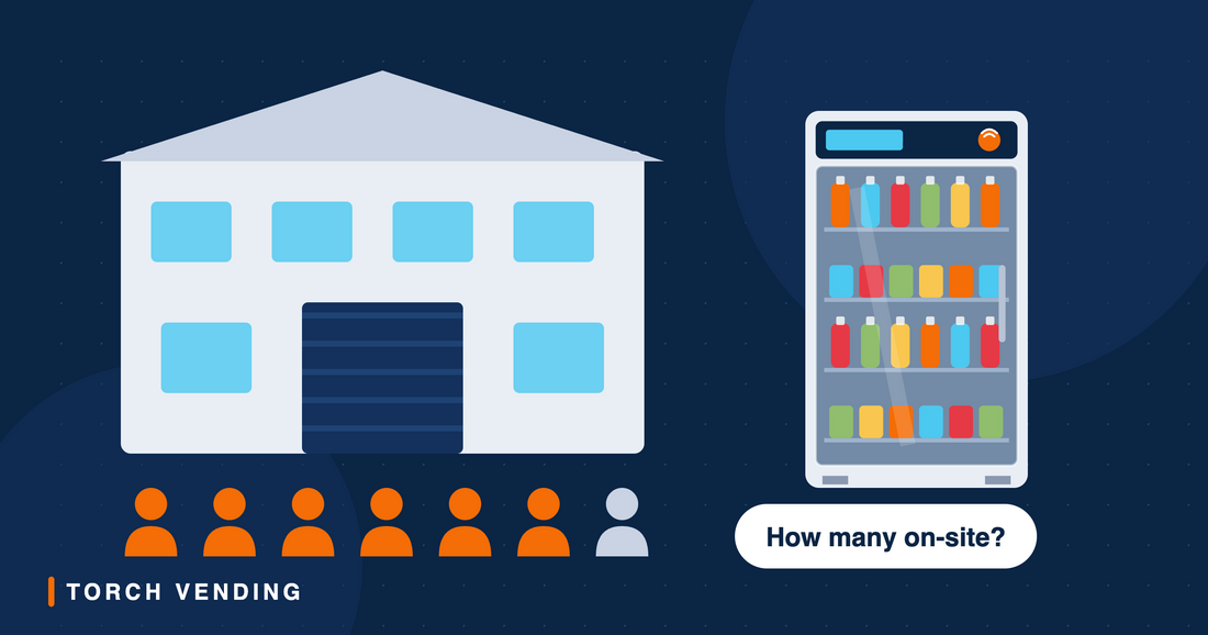 Illustration of a workplace building with a row of employees and a smart cooler, asking how many people are on-site