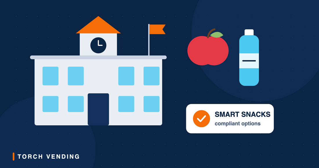Illustration of a school building with an apple, a water bottle, and a Smart Snacks compliant badge
