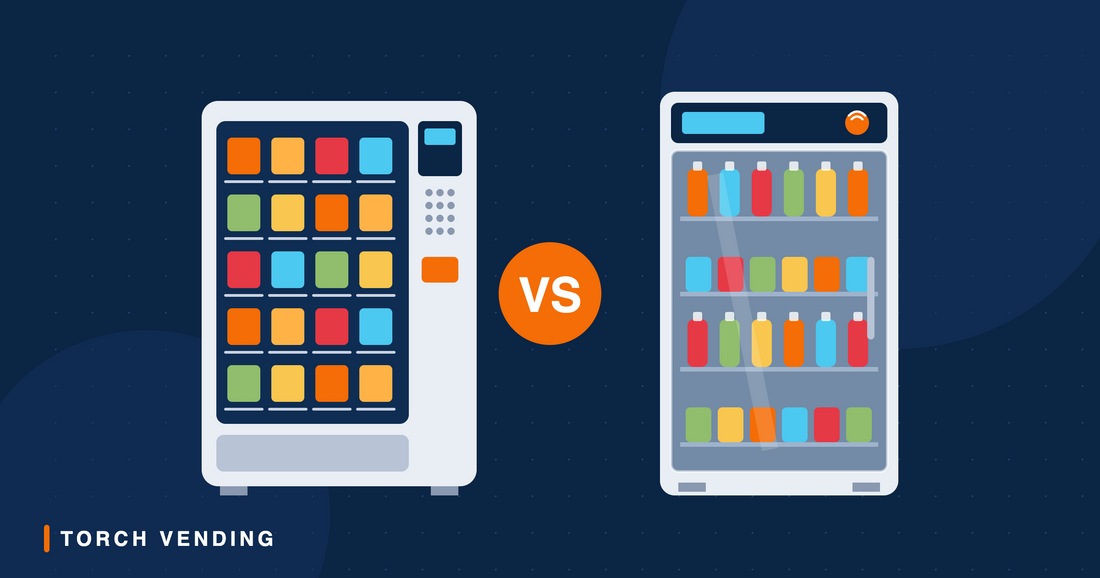 Illustration comparing a traditional snack vending machine and a glass-door smart cooler stocked with drinks