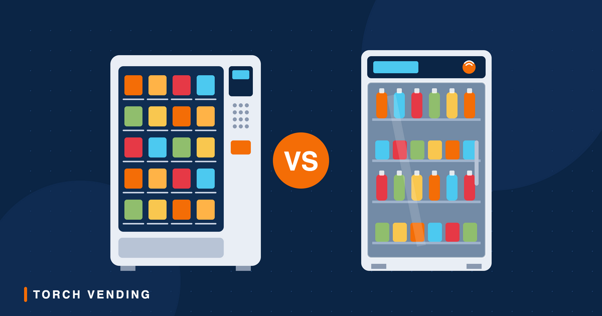 Illustration comparing a traditional snack vending machine and a glass-door smart cooler stocked with drinks