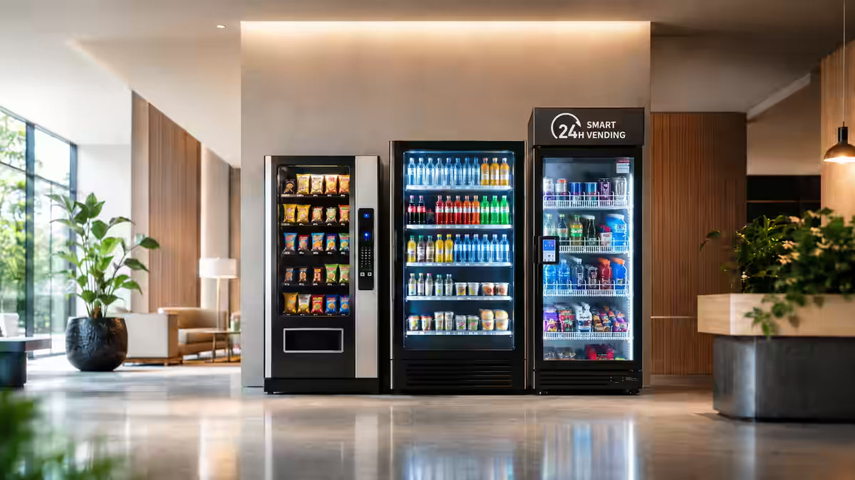 Snack vending machine and Torch Vending smart coolers stocked with snacks and drinks in a break room